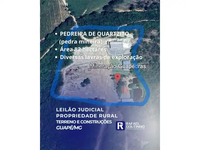 Fazenda Pedra Vermelha com Diversas Lavras de Exploração de Quartzito (pedra mineira) - Área 82,53 hectares em Guapé/MG - Terreno e Respectivas Construções. Pague em até 60 vezes.