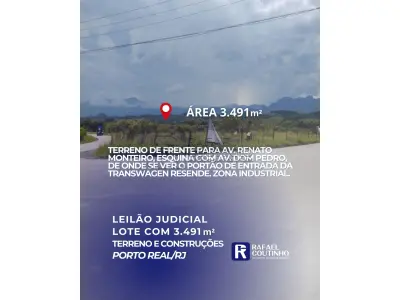 LOTE ÚNICO - Imóvel industrial/comercial com área de 3.491m², no Polo Urbo Agro Industrial, em Porto Real/RJ. Possui 22m de testada para Av. Renato Monteiro. Terreno e Respectivas Construções - Pague em até 60 vezes.