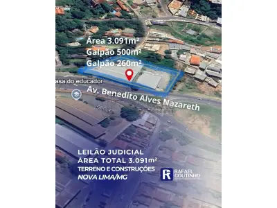 LOTE ÚNICO - Área 3.091m² com um Galpão de 500m² e outro de 260m² - Móveis Aramuni - Nova Lima/MG. Terreno e Respectivas Construções. Pague em até 60 vezes.