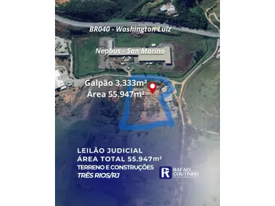 LOTE ÚNICO - Galpão 3.333m² - Área total do terreno 55.957m² - Rodovia BR 040, Três Rios, Rio de Janeiro/RJ. Terreno e Respectivas Construções. Pague em até 60 vezes.