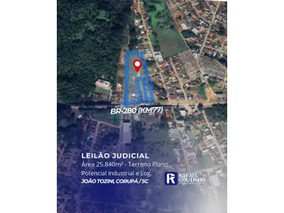 LOTE ÚNICO - Área 25.840m² - Terreno Plano e Testada para BR-280(Km77). Potencial Industrial e Logístico - Corupá/SC. Terreno e Respectivas Construções. Pague em até 60 vezes.