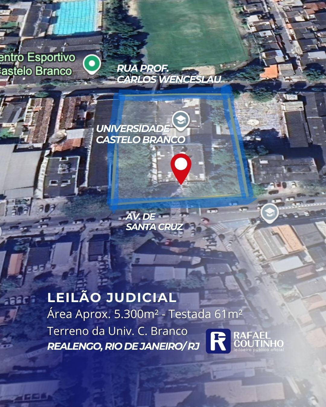 Área aprox. 5.300m², onde funciona a Univ. Castelo Branco em Realengo/RJ. Terreno e Respectivas Construções. Pague em até 60 vezes.